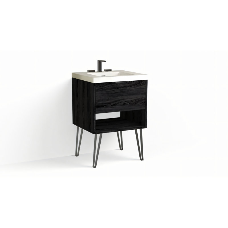 Modo 24" W Freestanding Single Bathroom Vanity with Dawson Leg, Gloss White/8" Widespread, Charred, Matte Black
