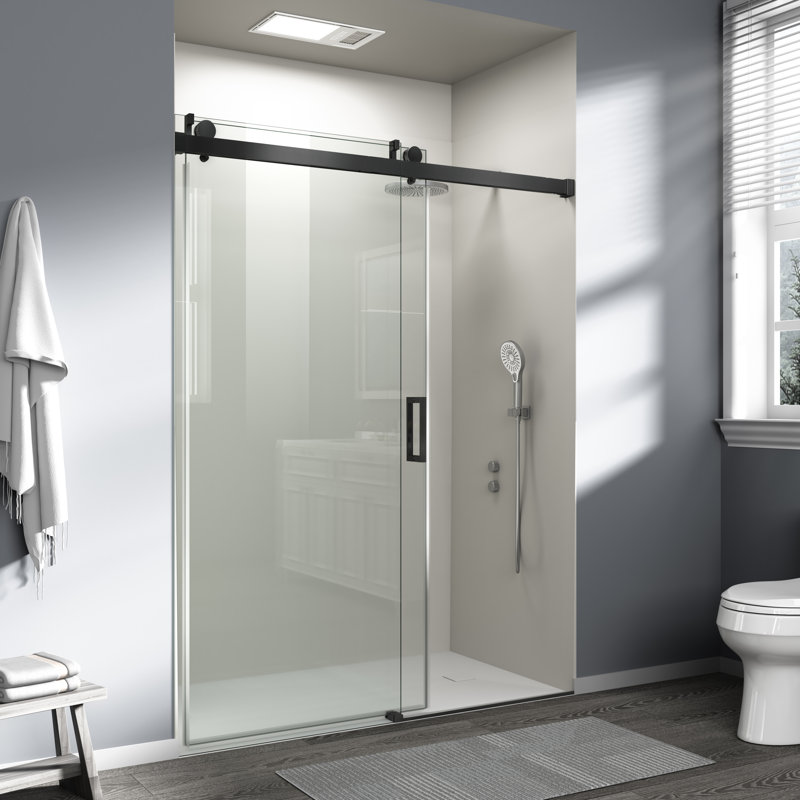 56"-60" W x 76" H Frameless Shower Door Soft-closing Single Sliding Tempered Glass with Explosion-proof Coating, Matte Black
