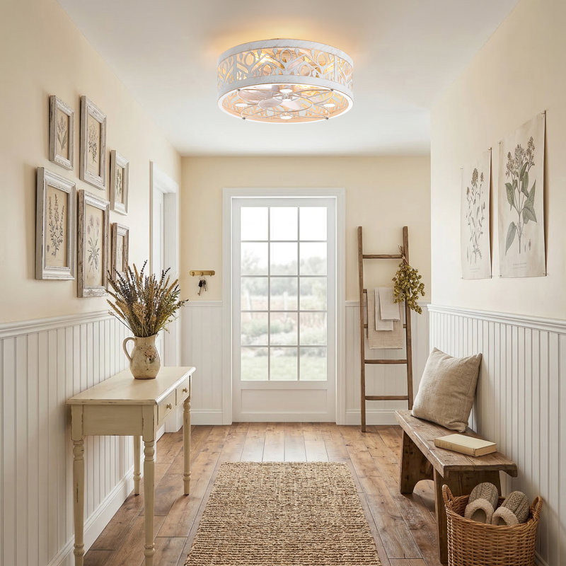 Cretien 17" 7-Blade Indoor Enclosed Caged Flush Mount Ceiling Fan with the Remote Control, White, Distressed Gold/White