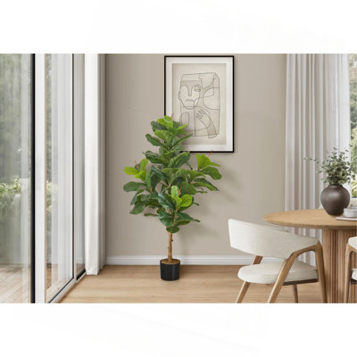 Plante artificielle, arbre violon, intérieur, faux, faux, plancher, verdure, pot, véritable touche, décoratif, feuilles vertes, pot noir