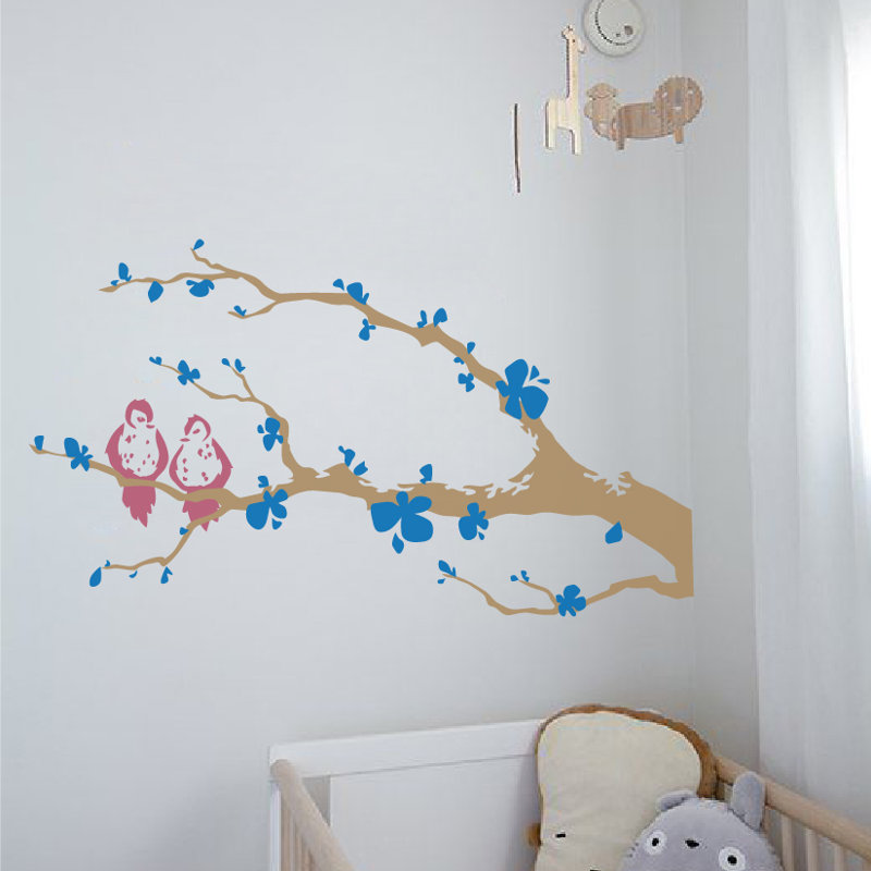 Décalcomanie murale branche arbre love oiseaux, Bleu / rose / brun, H 21 po x l 40 po x P 0,01 po