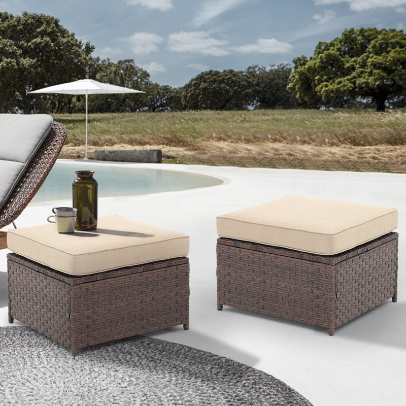 Repose-pieds en osier avec coussin (ensemble de 2), Structure brune / coussin beige