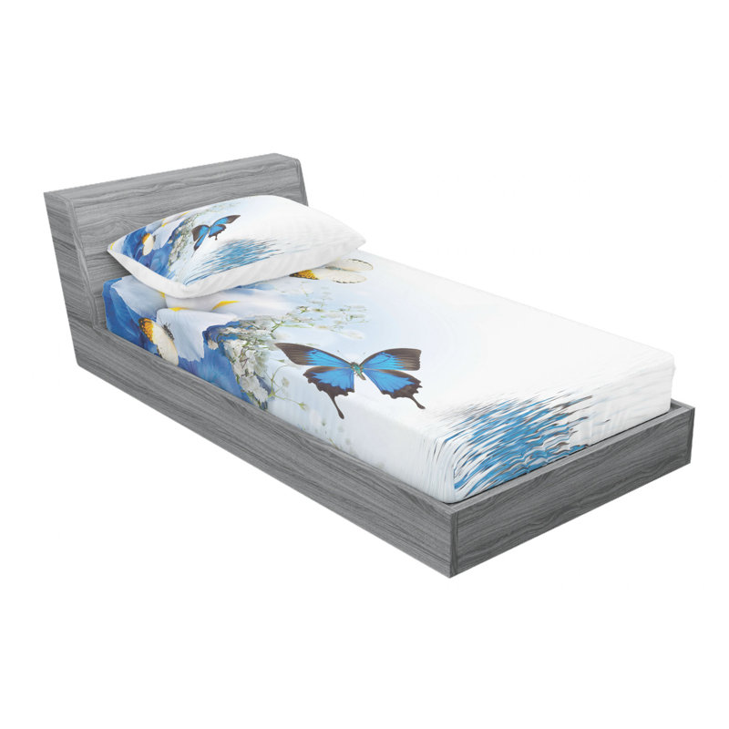 Blue and White Floral Microfiber Twin Sheet and Pillow Set