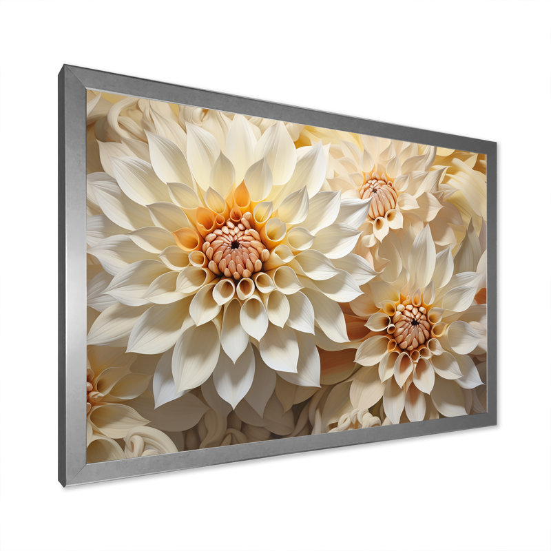 Dahlia blanc minimalisme sur toile, H 24 po x l 32 po x P 1 po, Cadre simple argenté