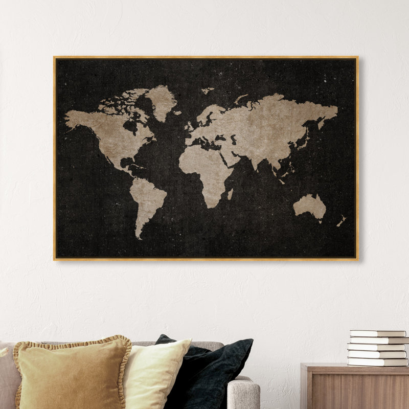 Carte du monde rétro - reproduction d'art, Toile avec cadre doré