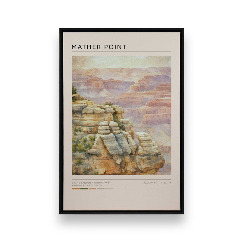 «Mather Point, Grand Canyon», reproduction d'art sur toile, Cadre flottant noir satiné, 24 po x 36 po