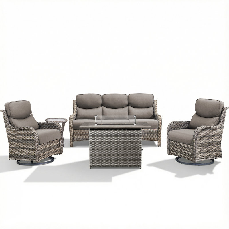 Ensemble de conversation d'extérieur en osier 5 pièces Simino, 5 pièces: canapé, 2 chaises, table de bout, foye, Gris, Gris