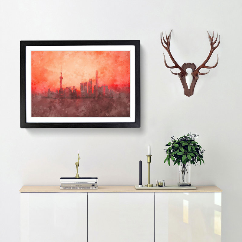 The Shanghai China Skyline - Picture Frame Painting Print, 24cm H x 33cm W x 2cm D, Black Framed