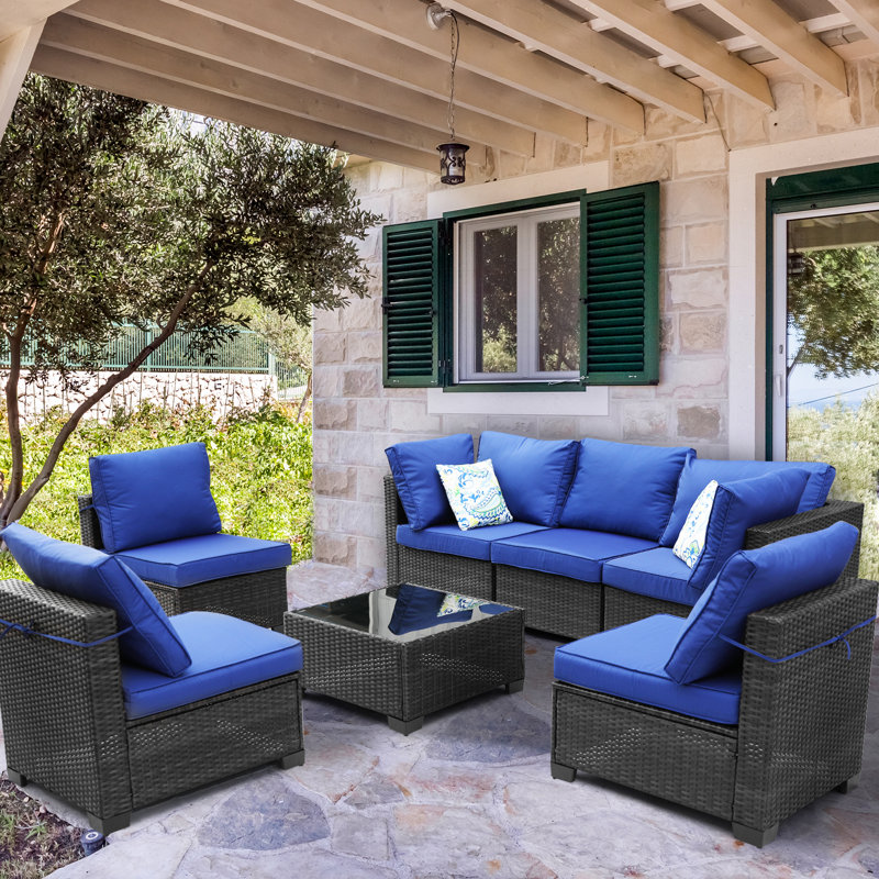 7 Piece Pe Wicker Patio Sectional Sofa Set, Weatherproof & Lightweight For Outdoor,balcony, Garden, Poolside, Includes Splashproof Cushions