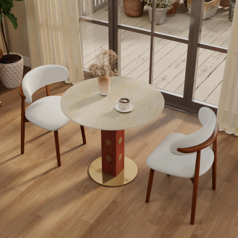 Table de salle à manger ronde Modern, table en pierre grotte 33,5 po avec pieds en bois et base dorée, table de cuisine pour 2 personnes pour un petit espace, capacité de poids de 150 lb