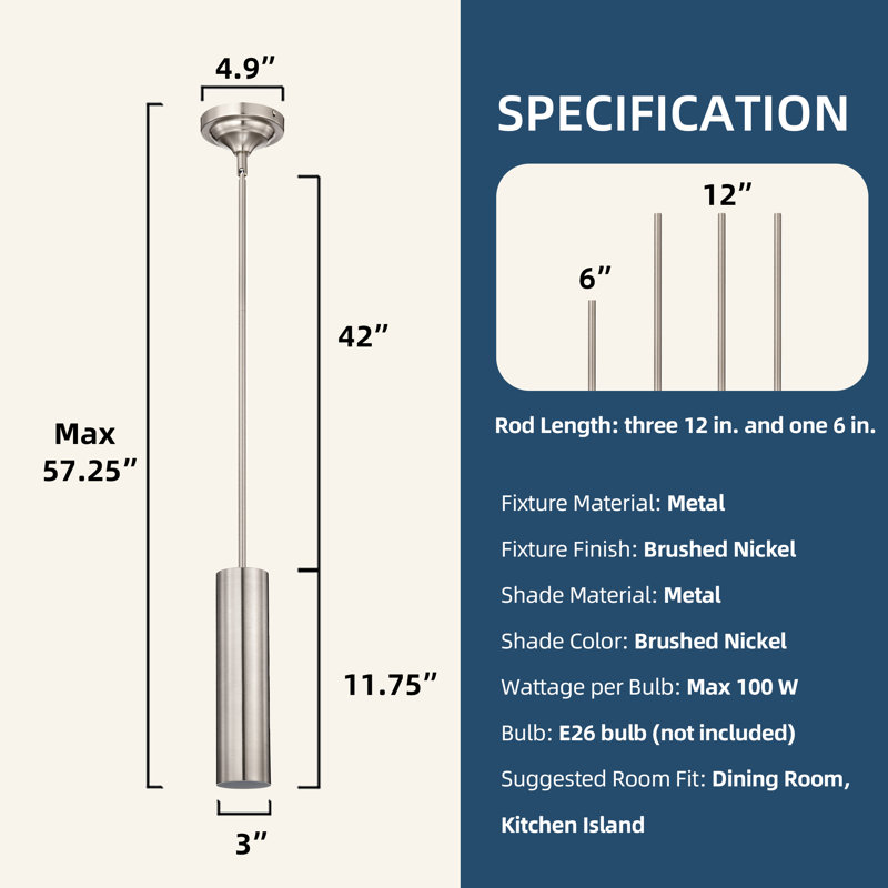 1-light Brushed Nickel Modern Mini Pendant Light With Cylindrical Metal Shade, Brushed Nickel