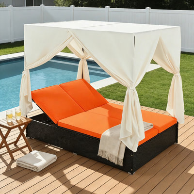 Outdoor Double Chaise Lounge Daybed With Curtains & Adjustable Backrest, Steel Frame Patio Sunbed