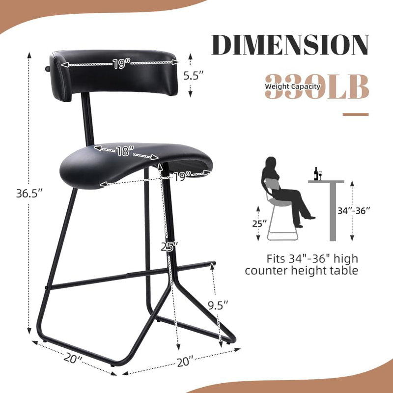 Bar Stools, Counter Height Stools with Backs, Modern Faux Leather High Barstools Metal Leg, Black