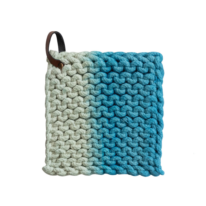 Support à casserole carré en coton au crochet, Bleu / blanc