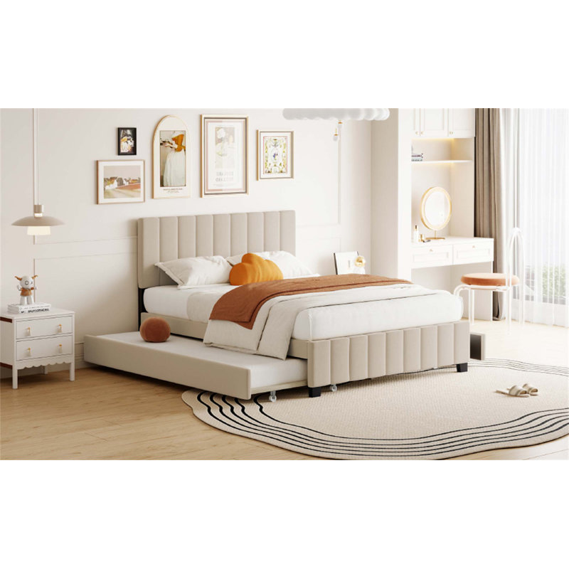 Lit plateforme tapissier luxueux en velours avec tiroirs de rangement et lit gigogne pour une utilisation maximale de l'espace