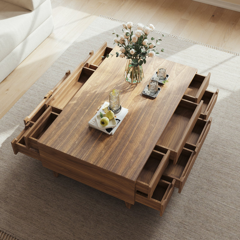 51.2'' Coffee Table Walnut Wood Coffee Table Rectangular Mid Century Modern Coffee Table Large Coffee Table With Storage Drawers Living Room Table
