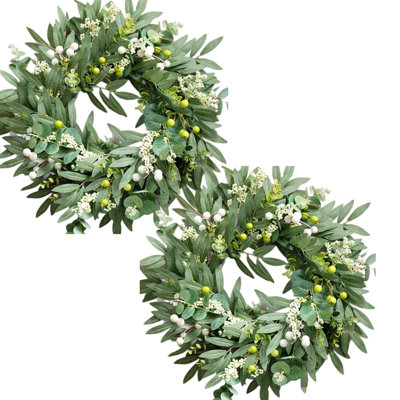 Ensemble de 2 couronne de Noël en eucalyptus avec baies et olives, couronne de verdure artificielle de 20 pouces pour porte d'entrée, manteau de maison de campagne et décoration de maison de vacances