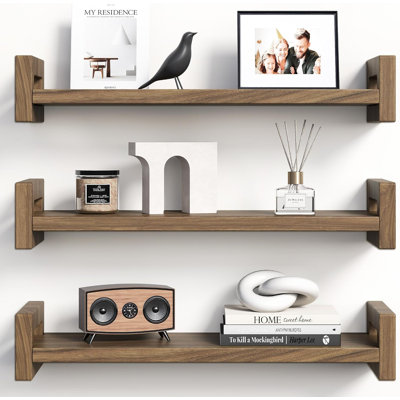 16 Inch Solid Wood Floating Shelves, 50Lb Capacity Rustic Walnut Display Shelves With Steel Brackets, Natural Pine Wall Mounted Shelves For Living Room Bedroom Kitchen