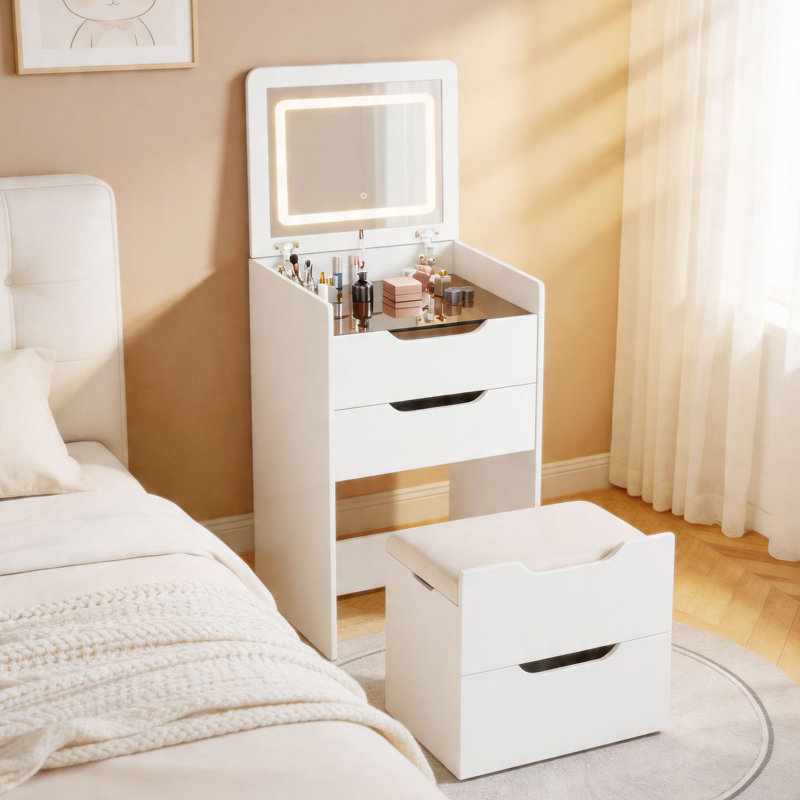 3-in-1 Compact Vanity Desk With Led Lighted Mirror, Drawers, And Storage Stool – Convertible Makeup Table, Nightstand & Working Desk For Small Spaces
