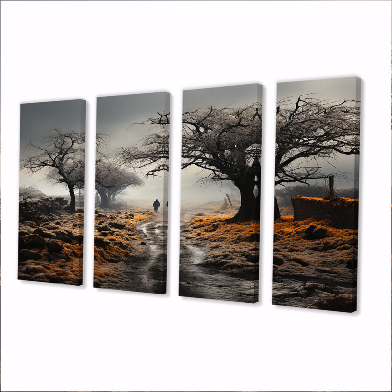 «Winter Loneliness Desolate Country Road», art mural campagne 4 pièces, H 28 po x l 48 po