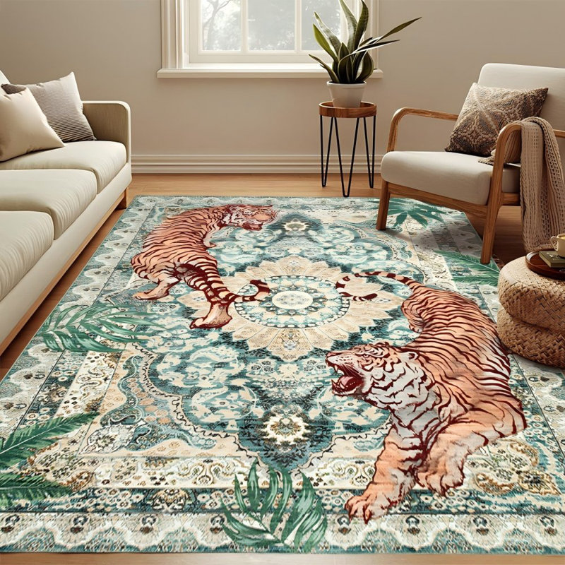 Tapis oriental oriental à motif tigré et lavable à la machine, Rectangle 6 pi x 9 pi