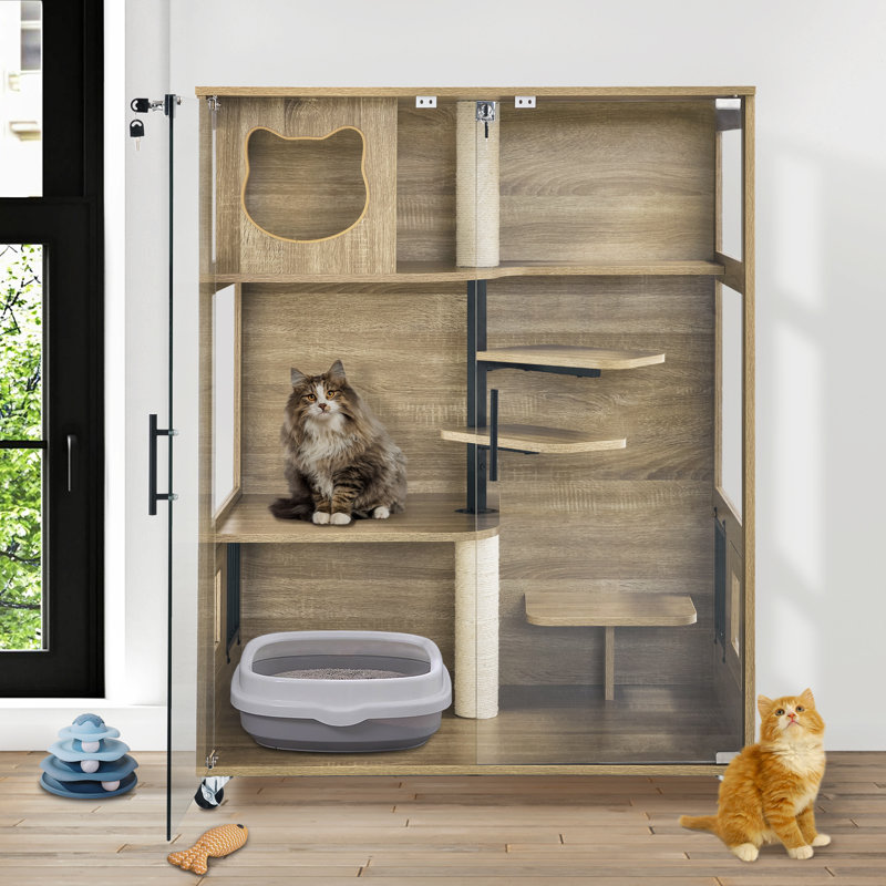 Maison pour chat en bois avec poteaux à griffer, grande maisonnette pour chat avec roues verrouillables et porte de secours