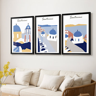 Santorini Grèce I - Toile tendue avec châssis sur mesure - 3 pièces