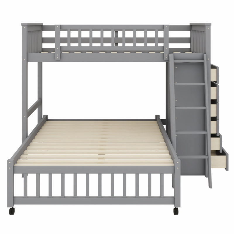 Lit superposé en bois avec 6 tiroirs, tablettes flexibles et lit à roulettes, Gris