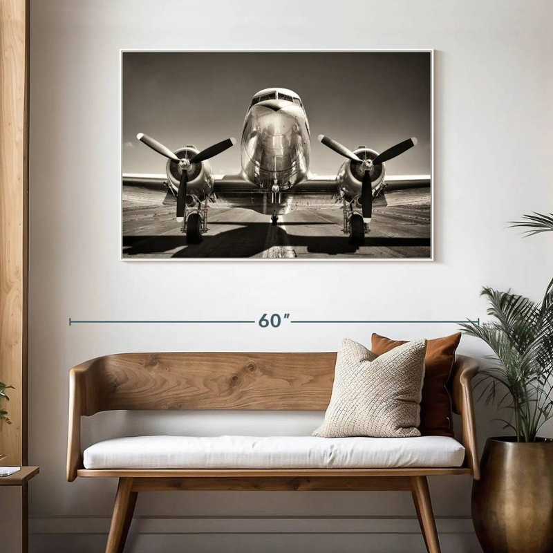 Avion rétro noir et blanc, Cadre flottant blanc, 46 po x 31 po