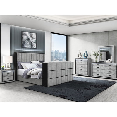 Très grand - Très grande chambre à coucher de 5 pièces en gris avec télé-élévateur de 50 po, lumières à DEL, haut-parleurs intégrés et foyer pour une rénovation stratégique
