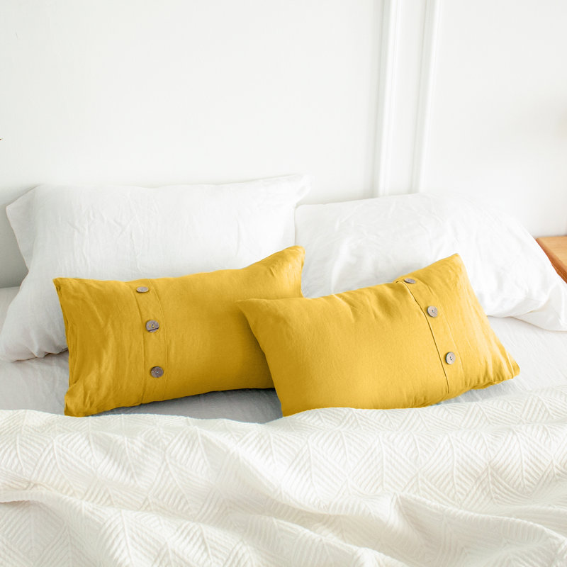 100% Linen Lumbar Pillow Cover 12 X 20 Inch Set Of 2 Rectangular Decorative Pillow Cover With Vintage Triple Coconut Button
