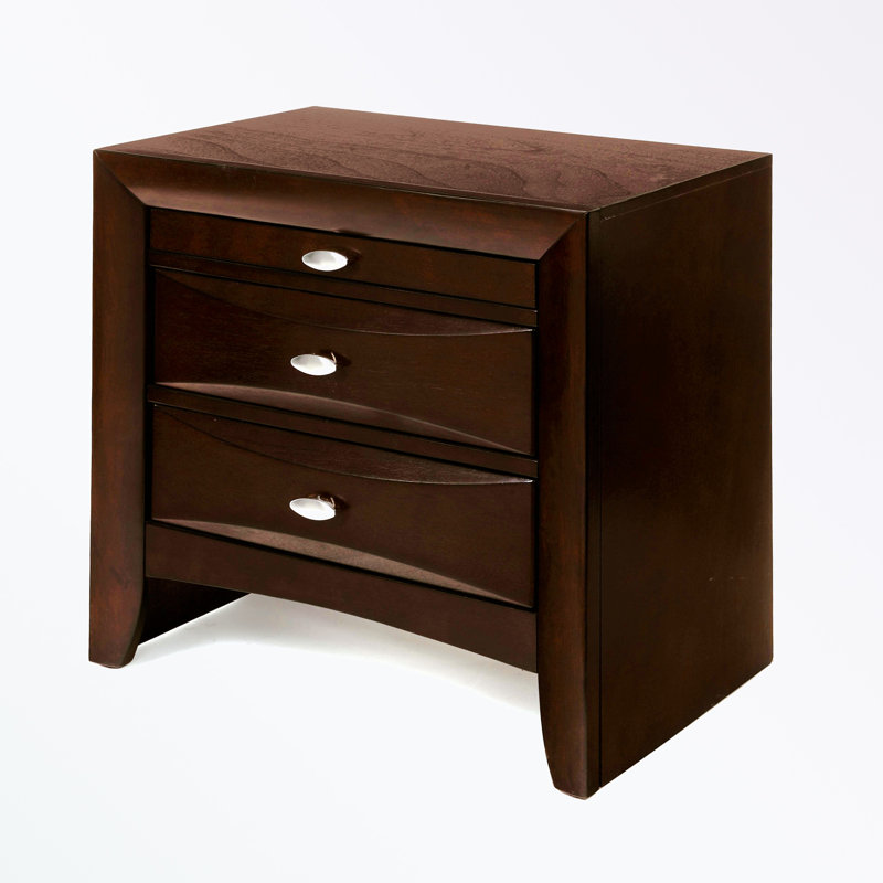 Table de chevet à 3 tiroirs avec cadre en bois et poignées en métal, Espresso