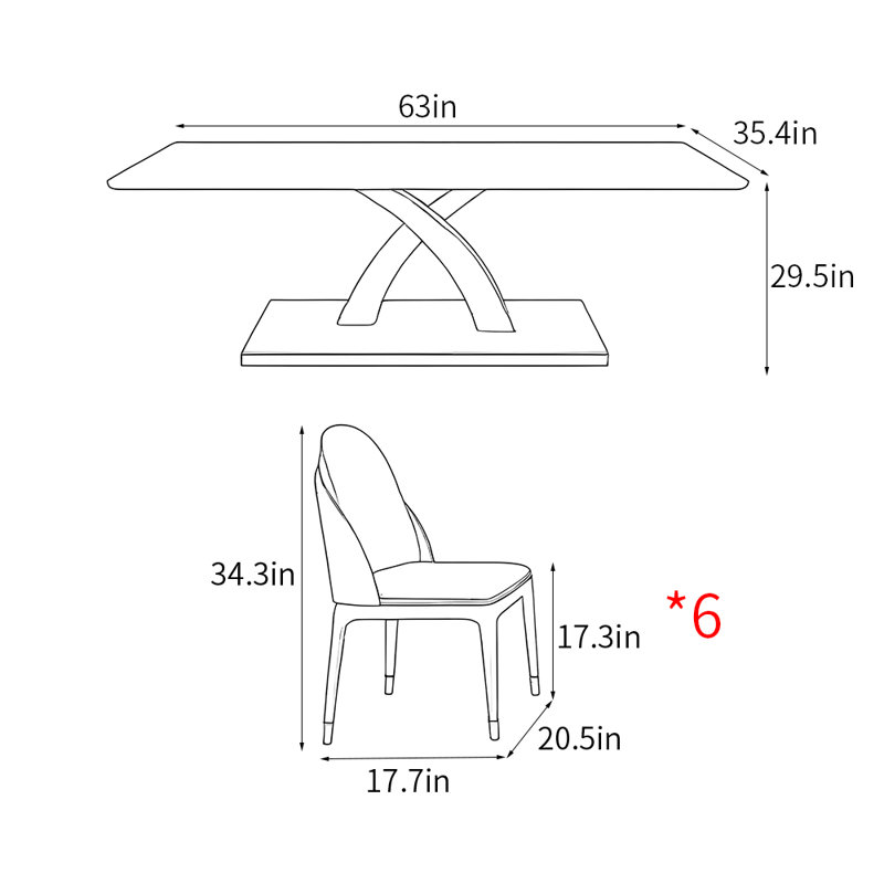 Luxury modern rectangular dining table sets, 29.5"H x 63"L x 35.4"W