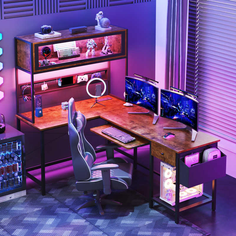 Reversible L Shaped Computer Desk With Power Outlets & Led Lights, Rustic Brown