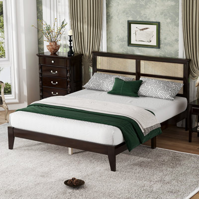 Queen Size Coffee Brown Solid Wood Rattan Bed With Headboard.