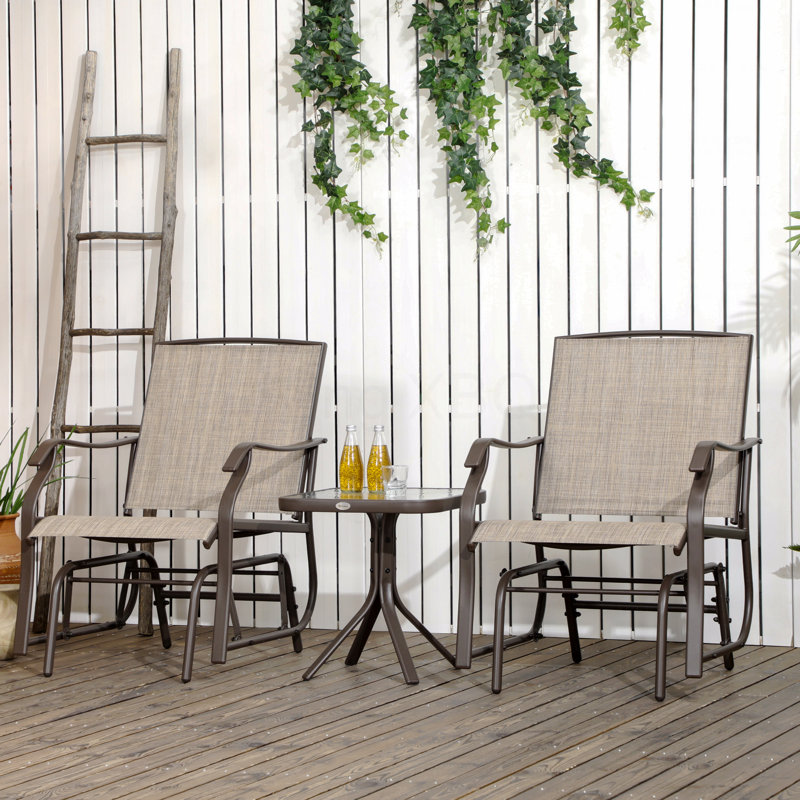 3 Piece Bistro Set Fabric Brown Outdoor Glider Chair With Coffee Table , 2 Patio Rocking Swing Chairs With Breathable Sling Glass Tabletop For Backyard Garden And Porch Mixed