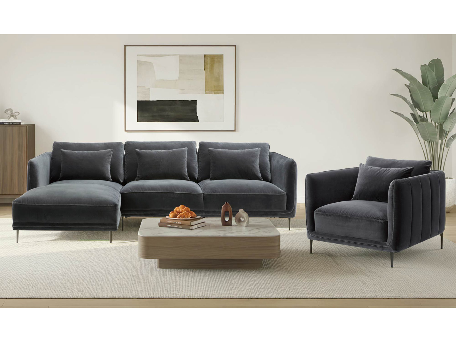Rae 3-Piece Velvet Living Room Set, Left Hand Facing, Falkirk Gray