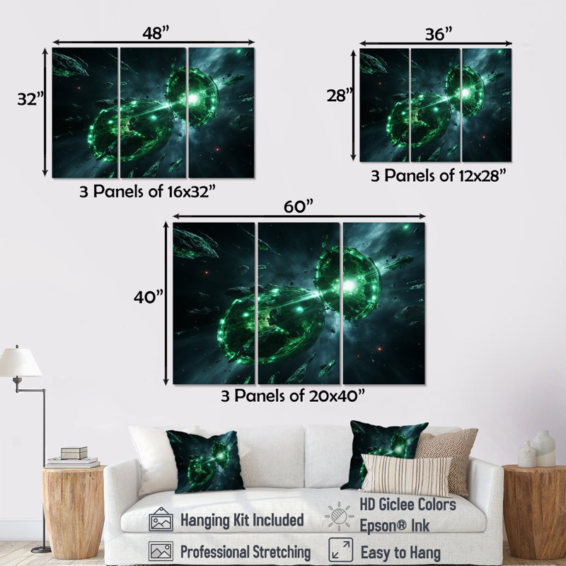 Green Cosmos Explosion I - Space Planet Wall Art, 28" H x 36" W x 1" D, Wrapped Canvas