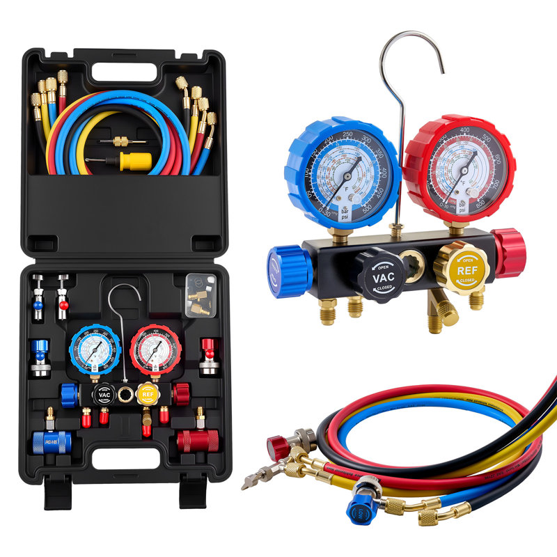 Ensemble de jauges à CA pour collecteur frigorifique R134a R404A R1234yf R22, jauge AC 4 voies avec tuyaux de 5 pi, adaptateurs, raccords rapides, robinets pour l'entretien de la climatisation automobile, évacuation de la charge