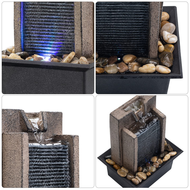 Modern Resin Tabletop Fountain with Colorful Lights and Natural River Rocks