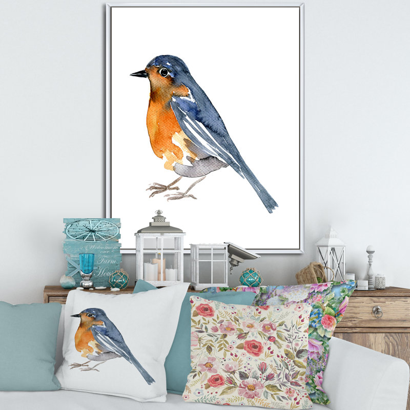 Oiseau orange rétro - peinture sur toile, H 40 po x l 30 po x 1,5 po, Cadre blanc