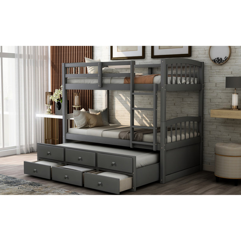 Lit superposé simple gris avec stabilisateur et rail, lit gigogne 3 tiroirs pour l'accessoire de chambre à coucher, 3 chambres, chambre d'amis, article à motif