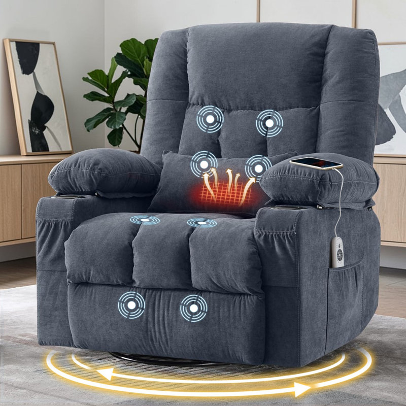 Adair Massage Swivel Rocker Recliner Chair With Vibration Massage And Heat For Living Room With Rocking Function And Side Pocket, 2 Cup Holders, USB Charge Port