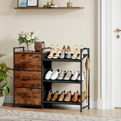 Commode en tissu à 3 tiroirs avec range-chaussures à 3 niveaux, armoire de rangement polyvalente avec porte-parapluie, imprimé grain de bois