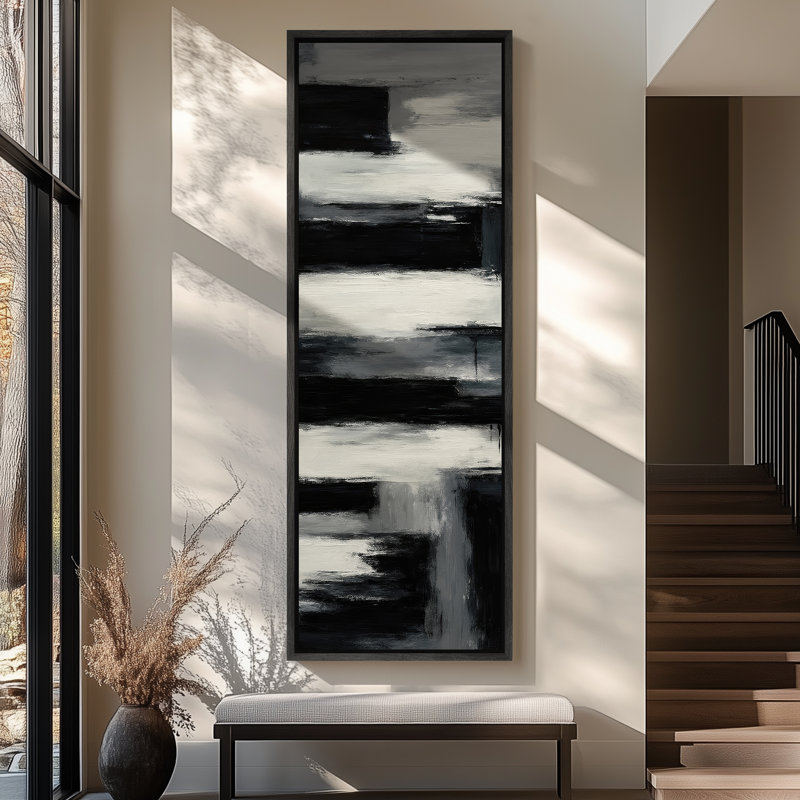 Toile abstraite encadrée, reproduction minimaliste neutre pour décoration murale moderne, H 60 po x l 20 po, Noir