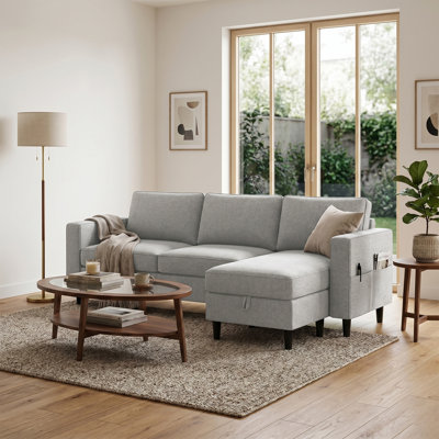 78" Linen L-Shaped Sectional Sofa with Storage Ottoman, Light Grey