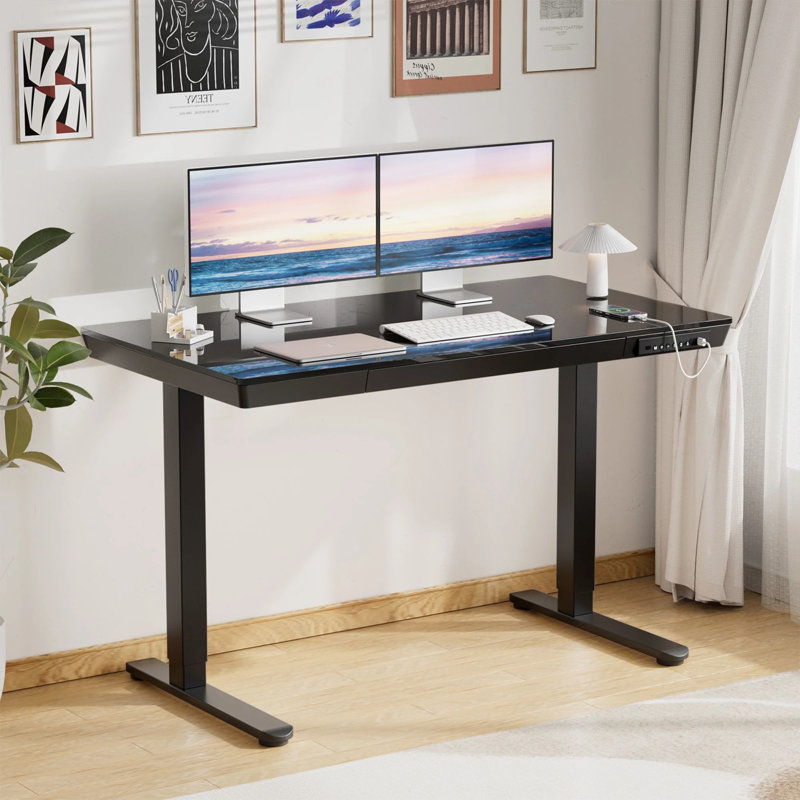 Flavio Height Adjustable Standing Computer Desk With Drawer and USB & Type-C Ports For Home Office, Black/Gray