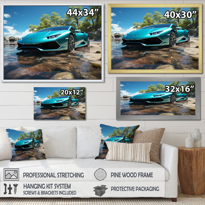 «Turquoise Car By The Beach», reproduction sur toile, H 34 po x l 44 po x P 1,5 po, Toile tendue