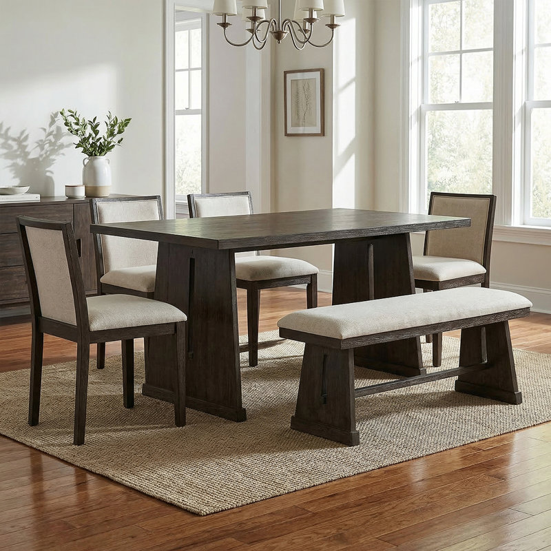 6-Piece Dining Room Set - Upholstered Chairs & Padded Bench For Comfort, Brown