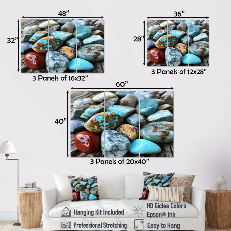 Composition de roches turquoise et turquoise, H 28 po x l 36 po x P 1 po, Toile tendue
